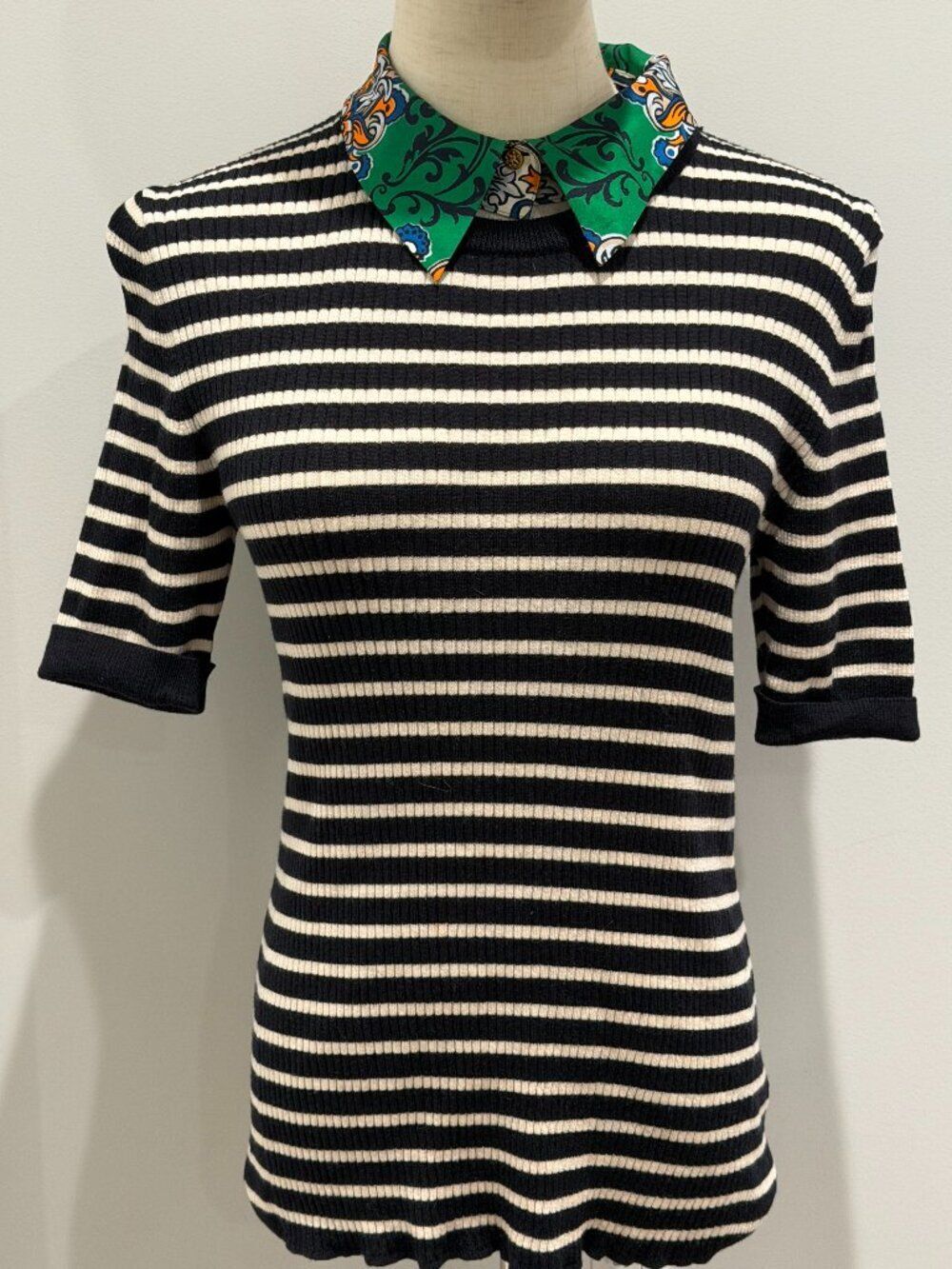 Tory Burch Merino Wool Striped Sweater Removable Silk Collar Black Ivory L